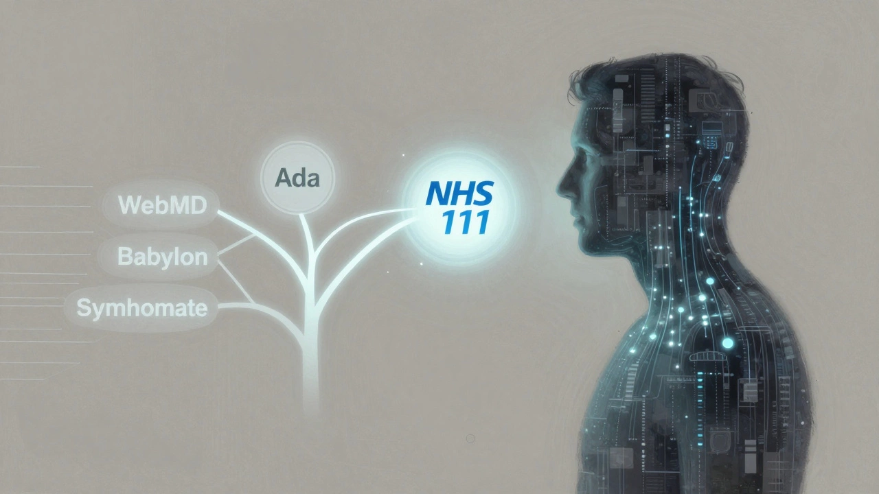 Human silhouette with data streams forming medical decision trees, Ada and NHS 111 glowing brightly.