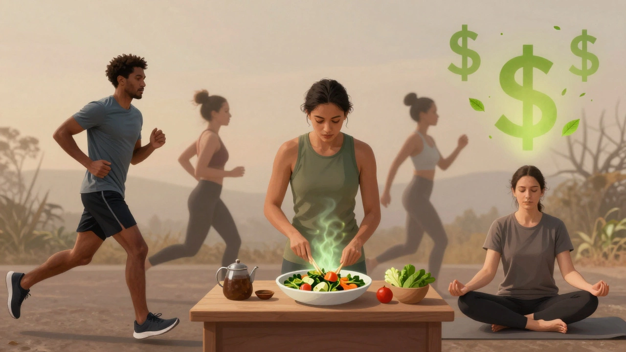People practicing healthy habits like jogging, cooking, and meditating with symbolic financial growth.