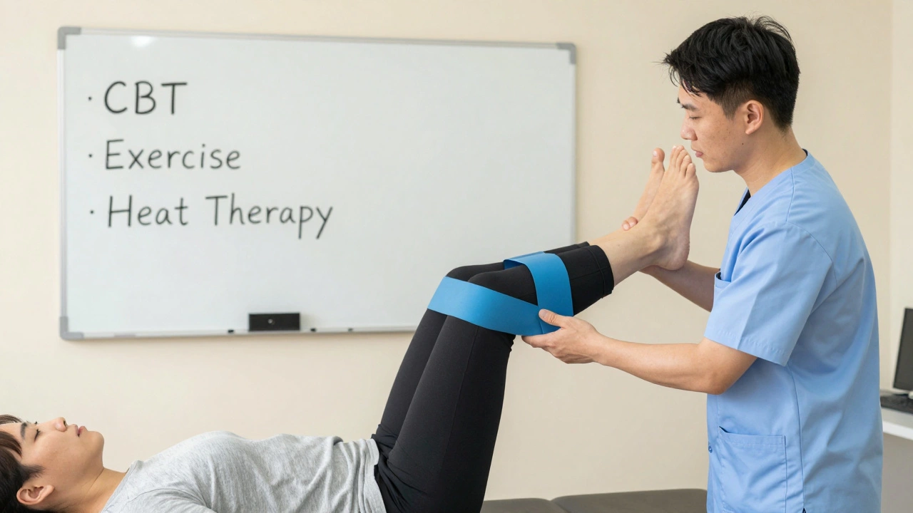 Physical therapist guiding patient through gentle exercise in clinic