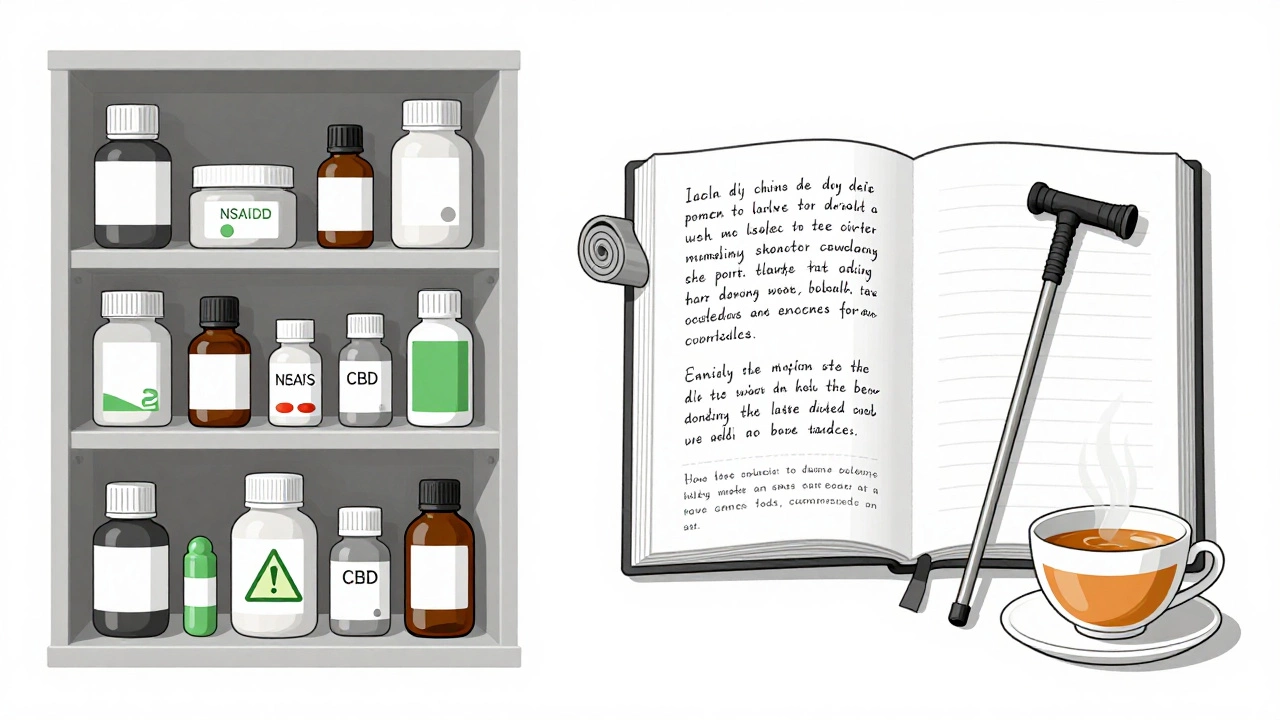 Split image: medicine cabinet vs. holistic pain tools like journal and yoga mat