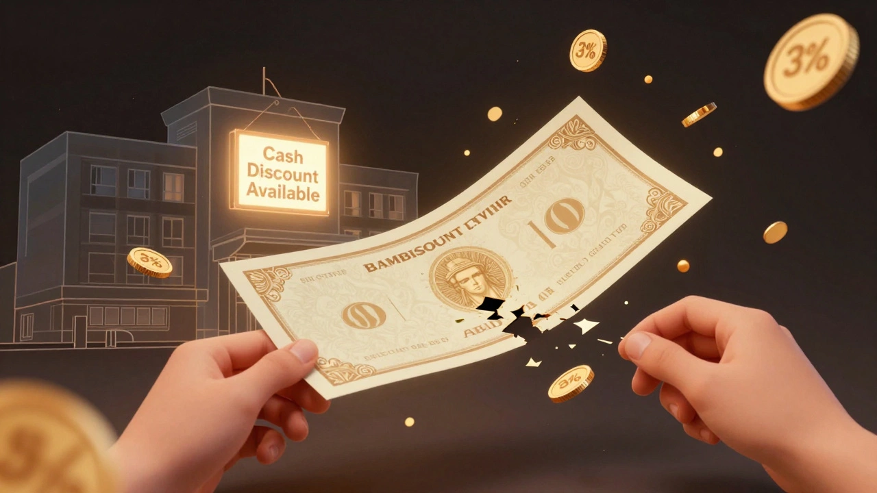 Surgery bill being dismantled as discount percentages float upward in a symbolic representation of savings.