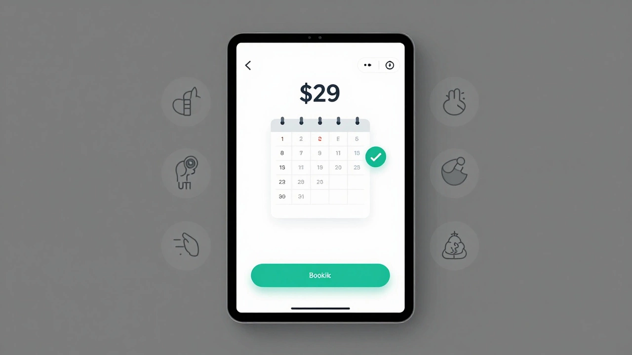 Telehealth app screen showing a  appointment booking with symptom icons.