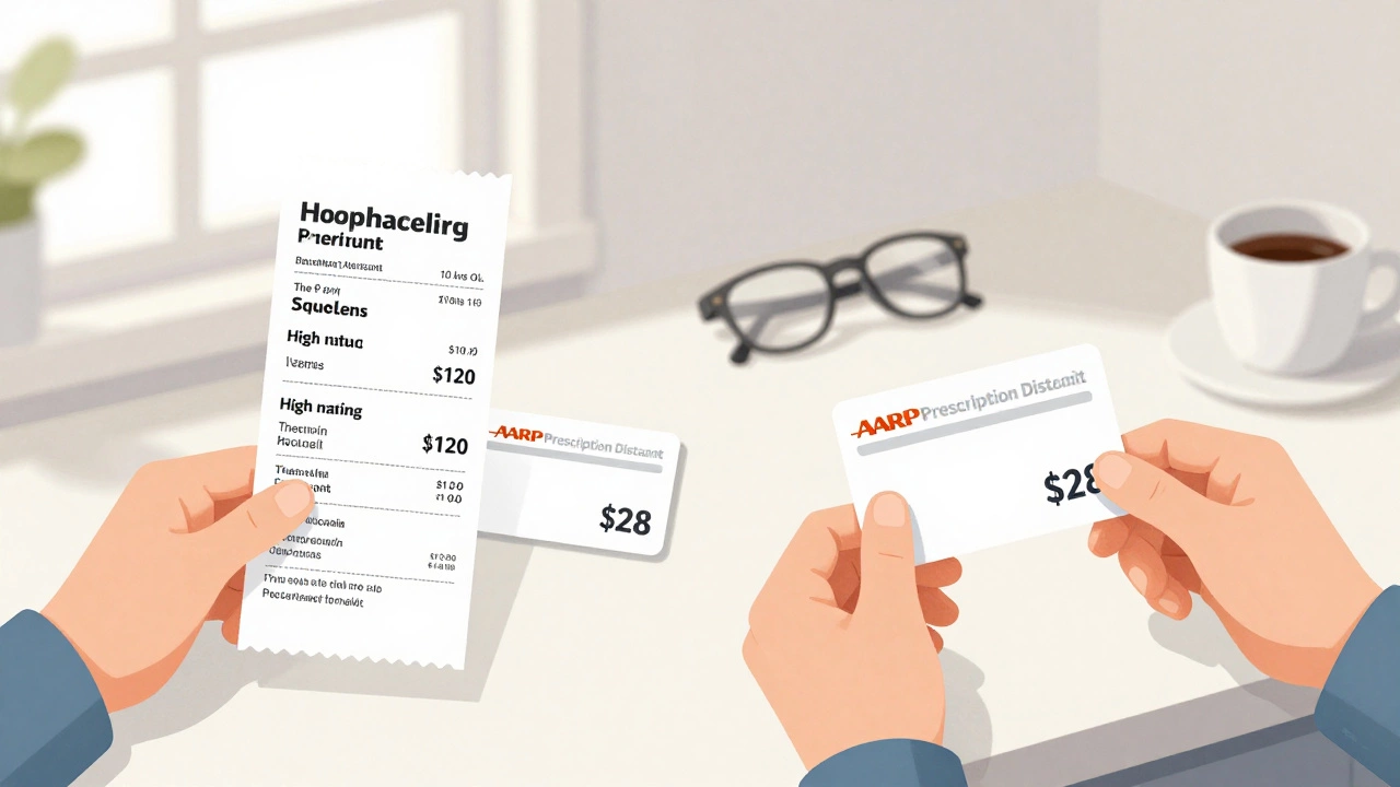 Two pharmacy receipts side by side showing high vs. discounted insulin prices.