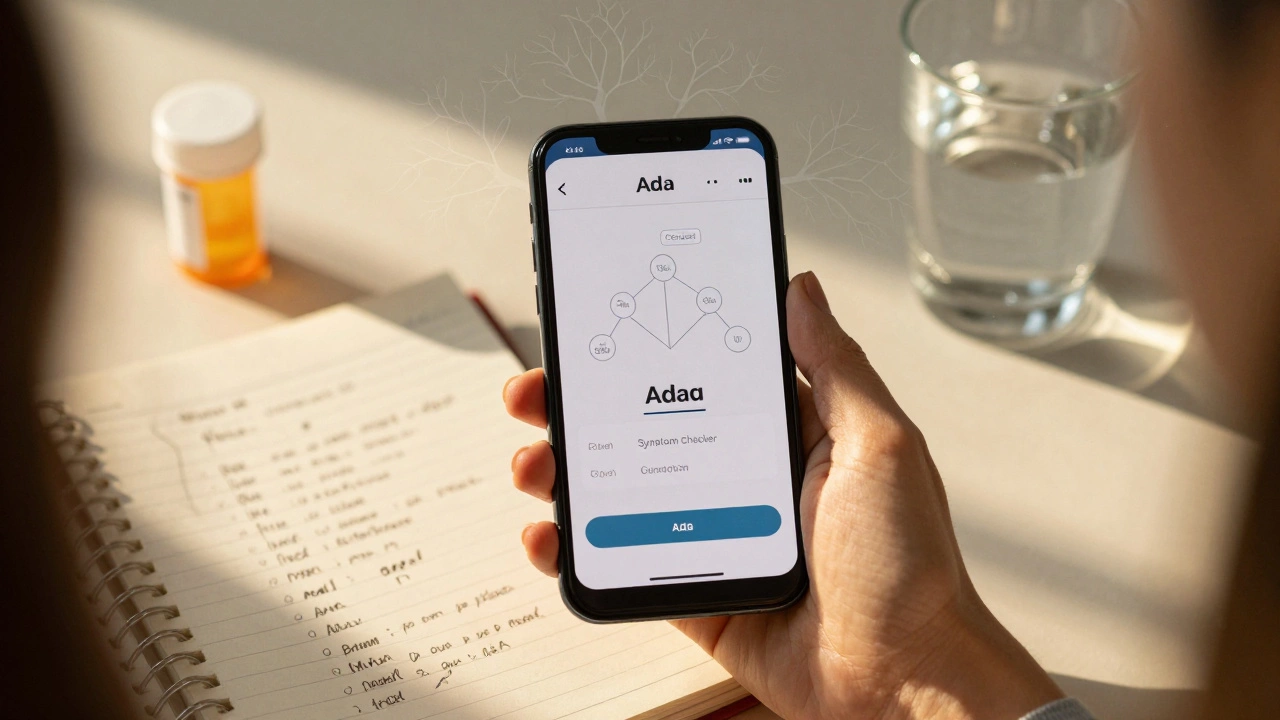 Woman's hand holding phone with Ada symptom checker open, notebook and medicine bottle nearby.