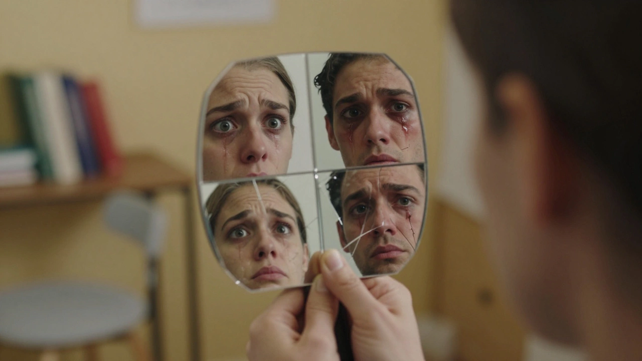A hand holding a cracked mirror reflecting four different emotional states representing mental health conditions.