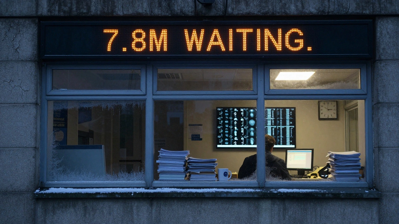 A lone NHS radiologist overwhelmed by backlogged scan requests late at night in an aging hospital.