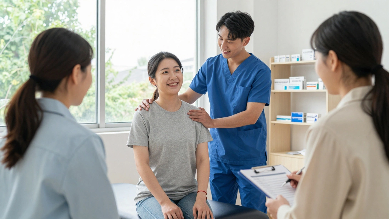 A patient in a pain clinic surrounded by a specialist, therapist, and pharmacist during a consultation.