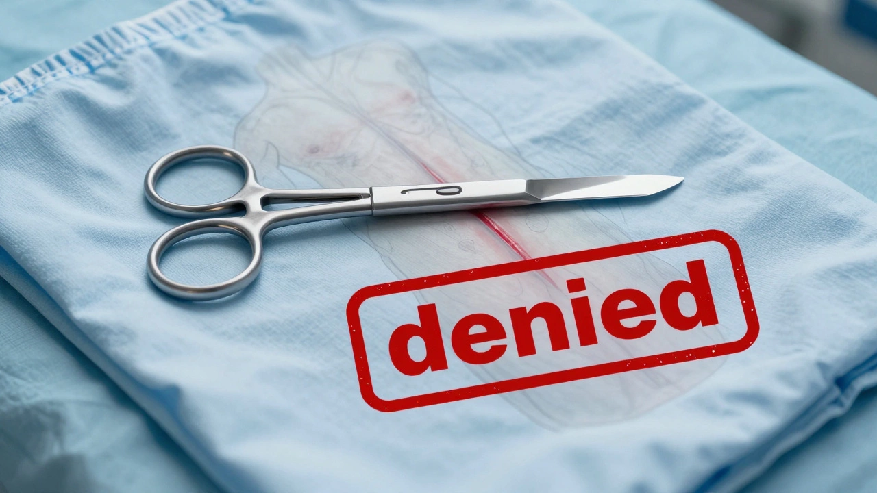 A scalpel resting on a hospital gown with a medical diagram and denied stamp over the abdomen.