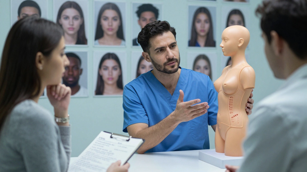 A surgeon explaining implant risks to a hesitant patient in a clinic.