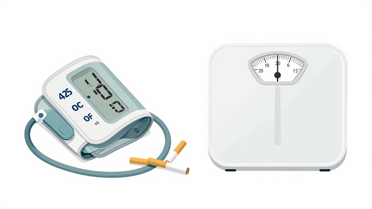 Blood pressure cuff, discarded cigarettes, and BMI scale for health assessment.