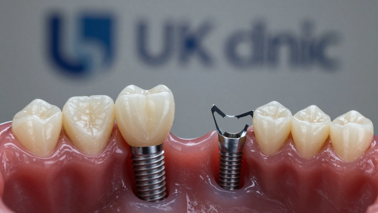 Comparison of a stable single-crown implant versus a failed multi-crown bridge.