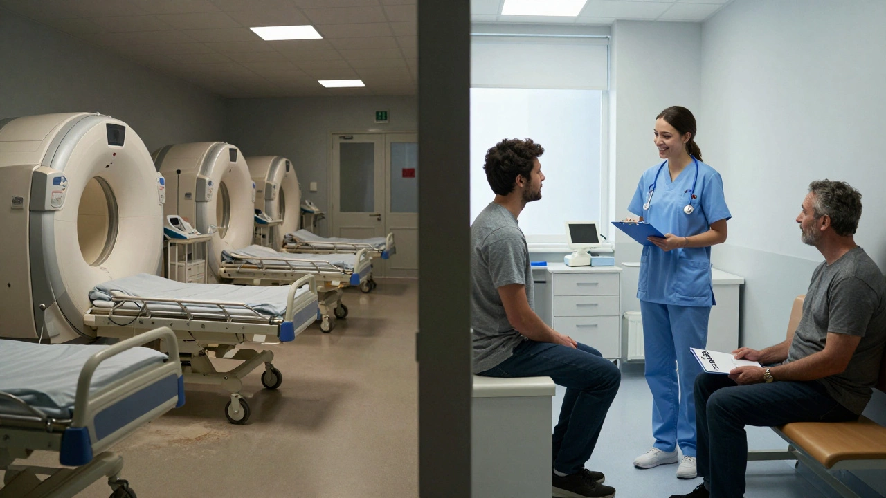 Contrast between a sterile NHS facility and a bright private clinic, highlighting care inequality.