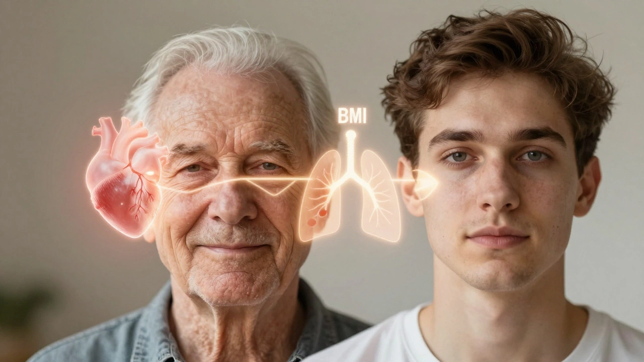 Elderly face transforming into youthful appearance with health symbols.