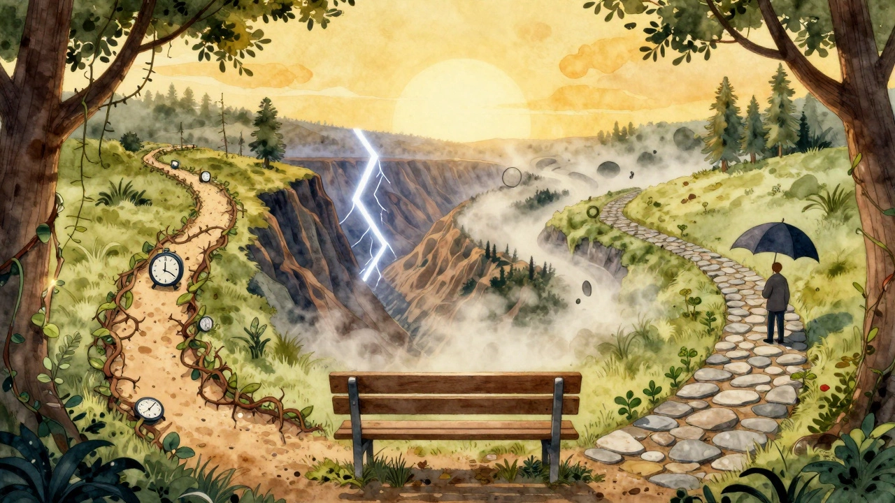 Four symbolic paths diverging from a bench under a tree, each representing a different mental health condition with unique visual metaphors.