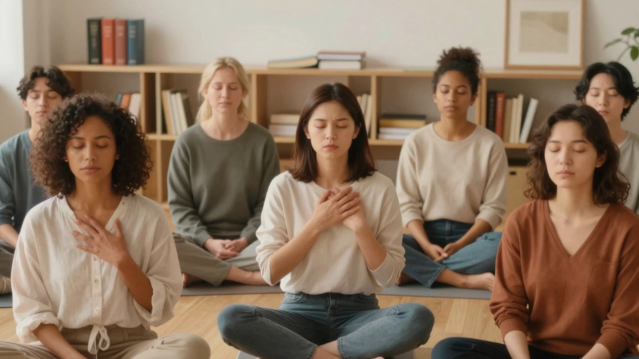 Group practicing mindfulness breathing to manage chronic pain
