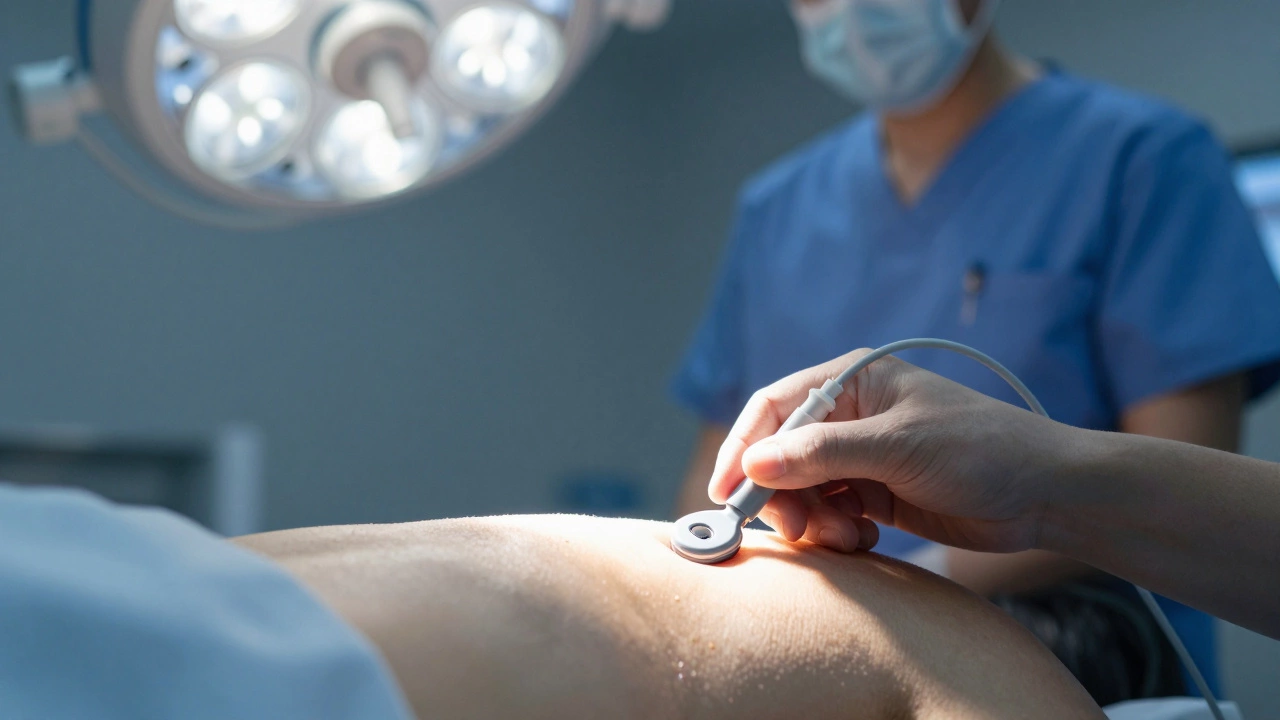 Spinal cord stimulation device being implanted during a minimally invasive procedure