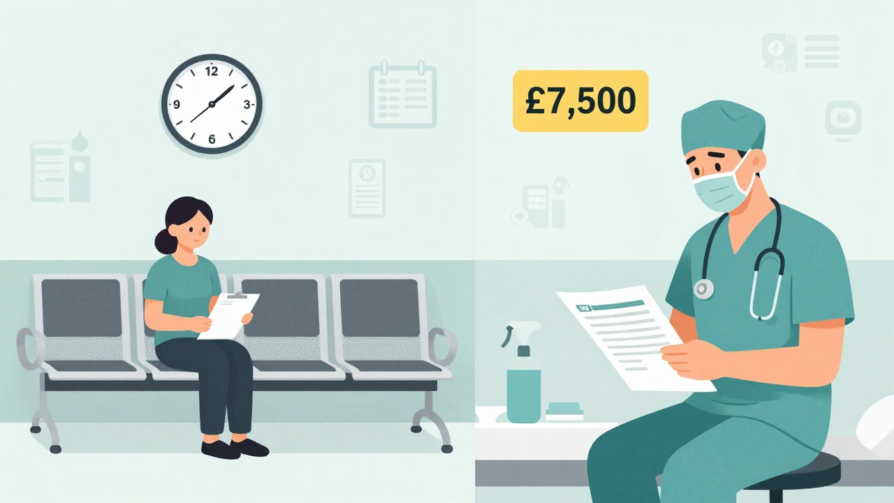 Split scene contrasting NHS waiting time with private tummy tuck costs in clinical tones.