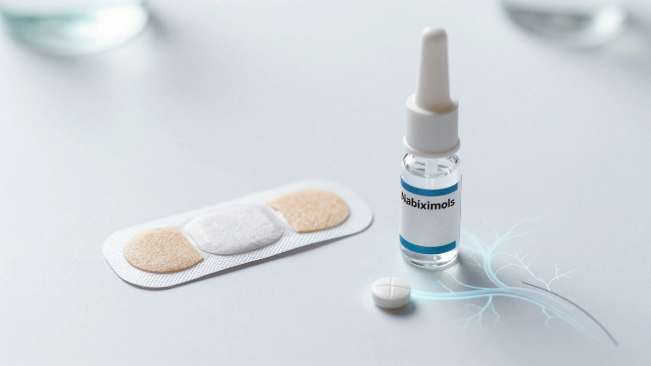 Three chronic pain medications: lidocaine patch, mouth spray, and tablet arranged on white surface.