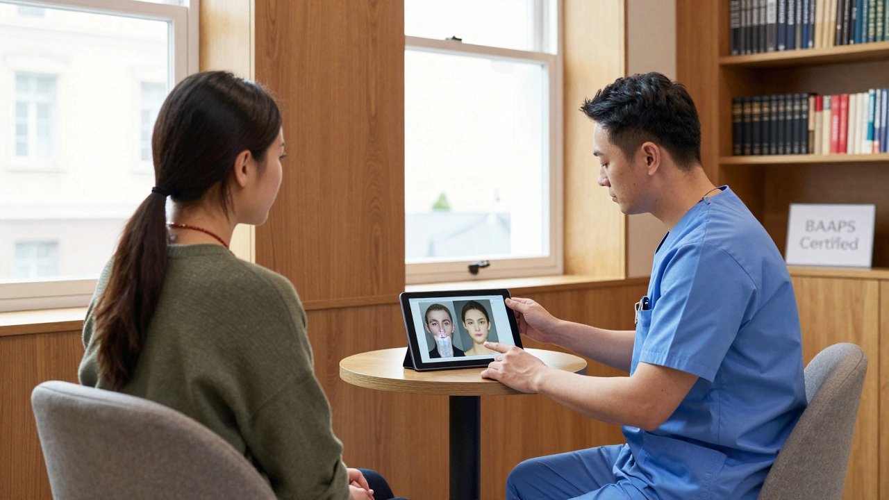 UK patient and surgeon reviewing 3D surgical simulation in a calm, regulated private clinic.