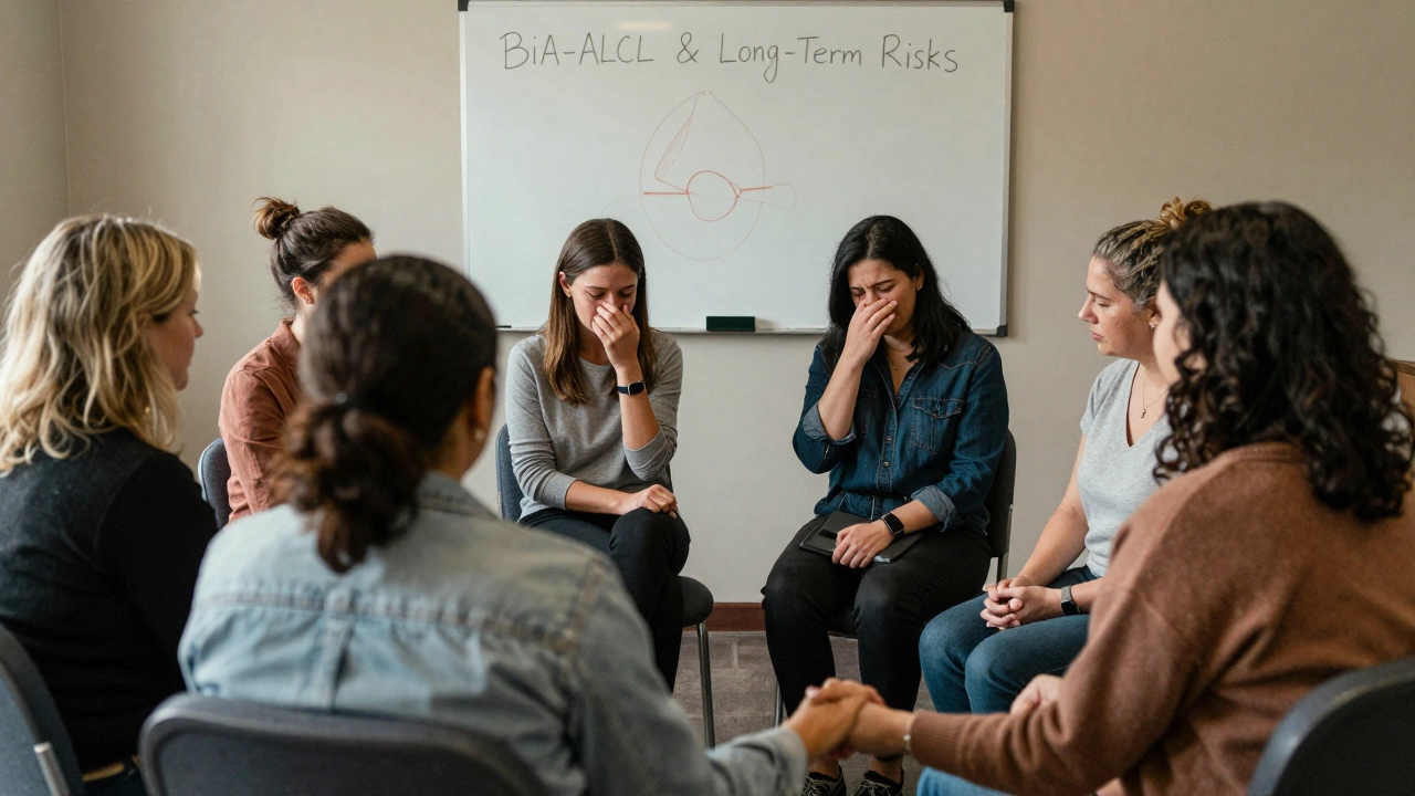 Women in a support group sharing experiences about breast implant regret.