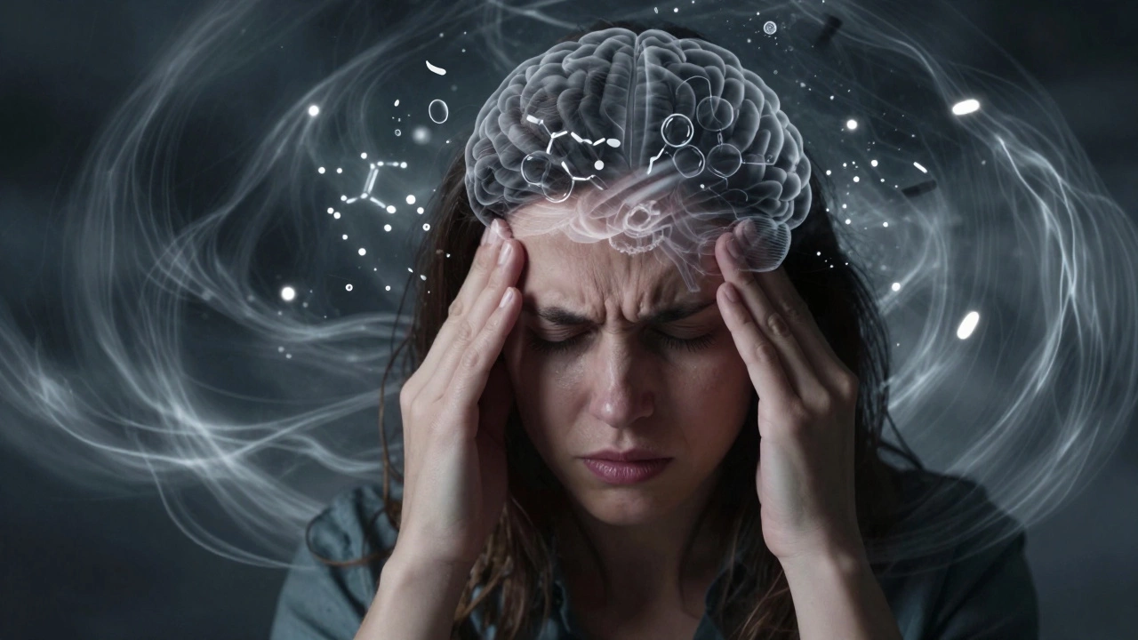 A person suffering a migraine surrounded by swirling light and storm-like neurological disturbances.