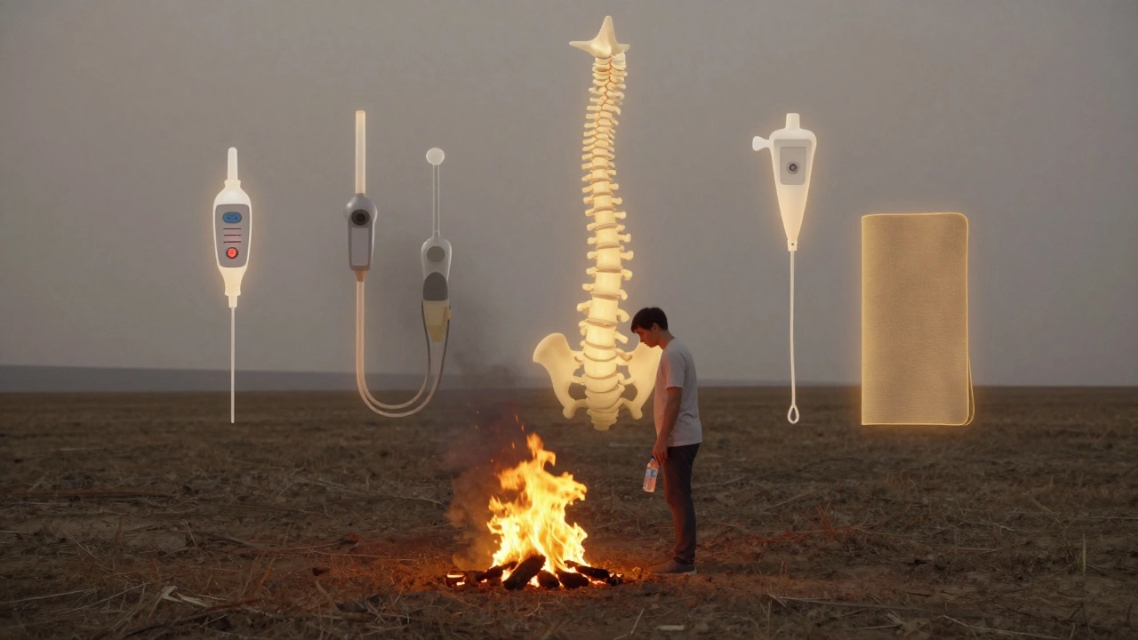 A person trying to put out a wildfire with a water bottle, representing the futility of painkillers for chronic pain.