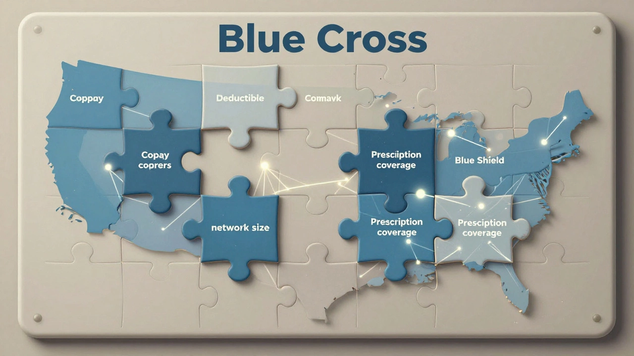 A puzzle board with Blue Cross and Blue Shield pieces fitting differently based on state maps, representing variable healthcare costs.
