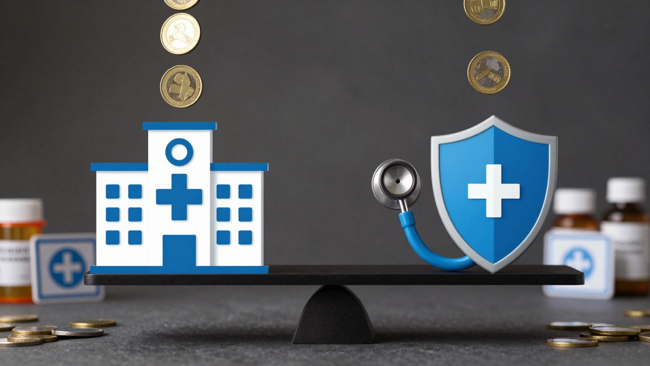 A scale balancing hospital and stethoscope icons with healthcare costs, showing that pricing depends on individual needs, not brand.