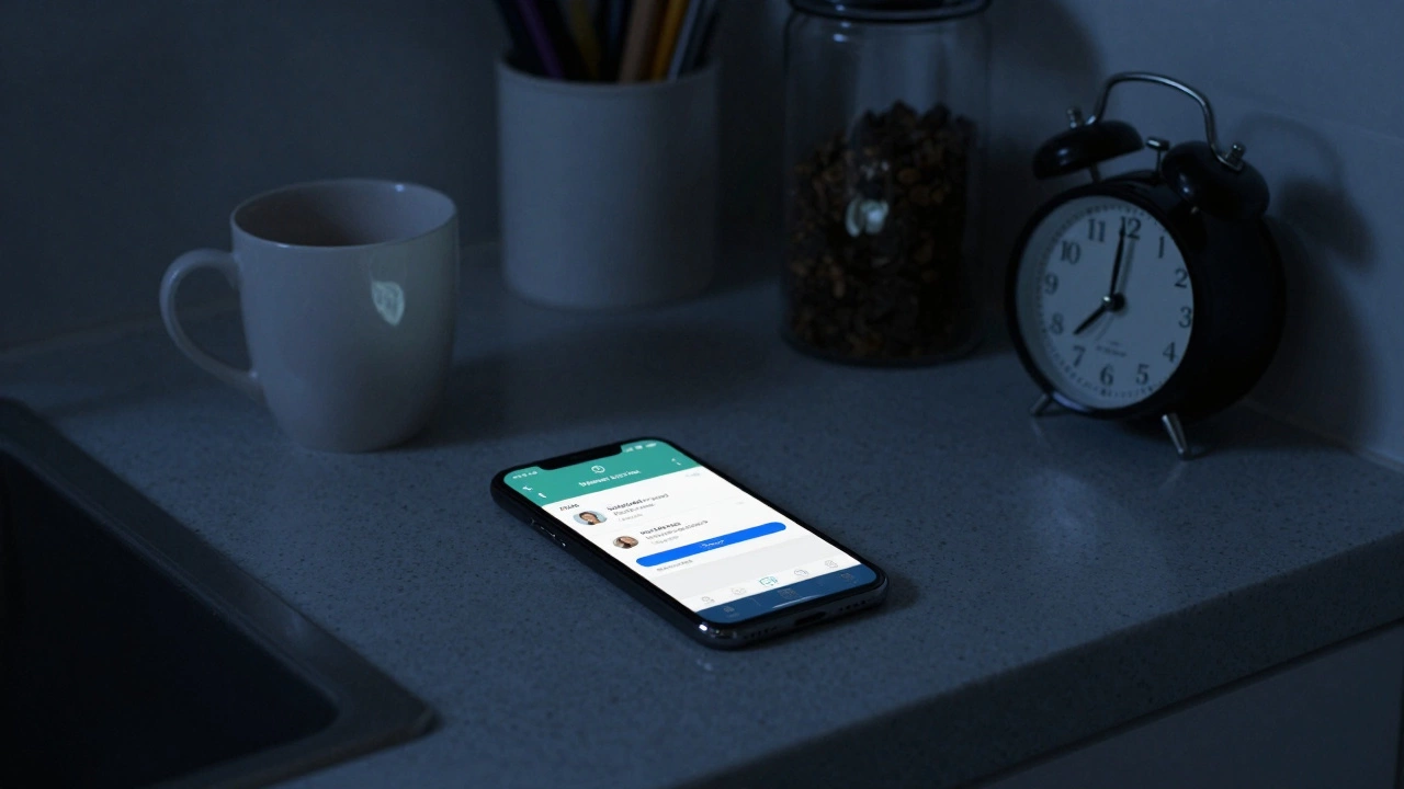 A smartphone displaying a Teladoc mental health session on a kitchen counter at 2 a.m., with a coffee mug nearby.
