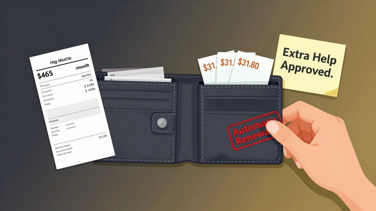 A split image showing high vs. low prescription costs, with a stamp marking Extra Help approval.