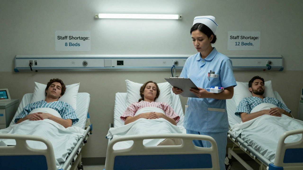 A tired nurse overwhelmed by too many patients in an understaffed hospital ward.