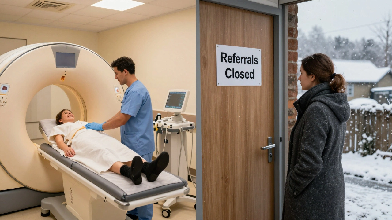 A woman outside a closed NHS clinic while a private clinic nearby offers fast care.
