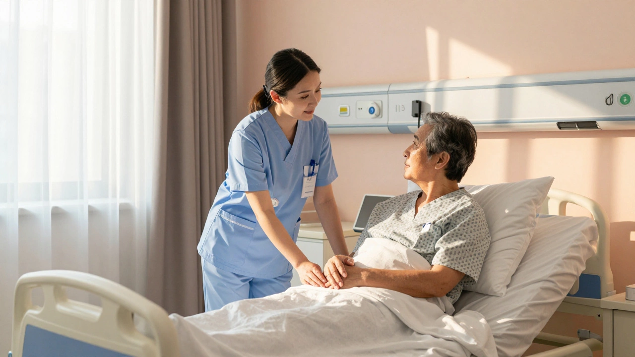 Compassionate nurse caring for patient in recovery room.