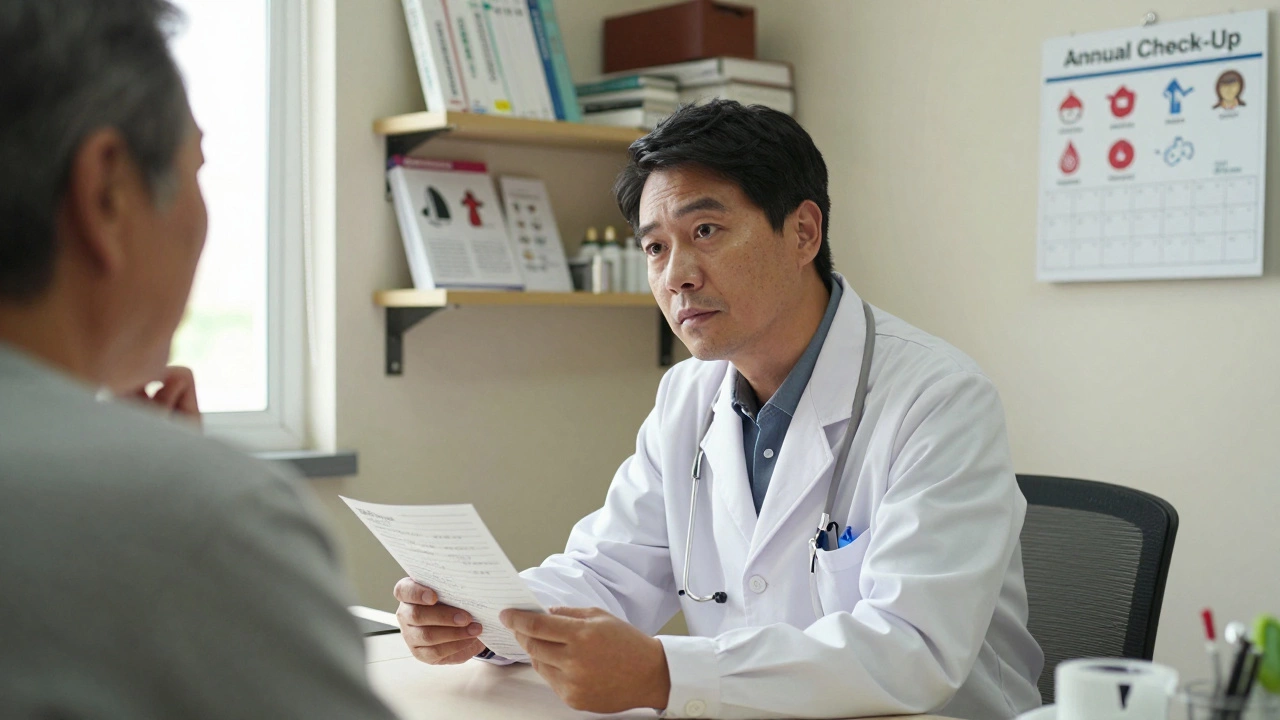 Doctor and patient discussing health symptoms in a clinic