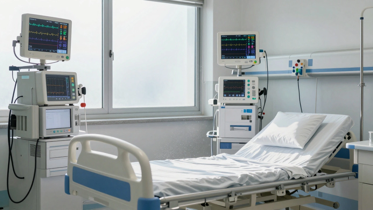 Empty intensive care unit with monitoring equipment.