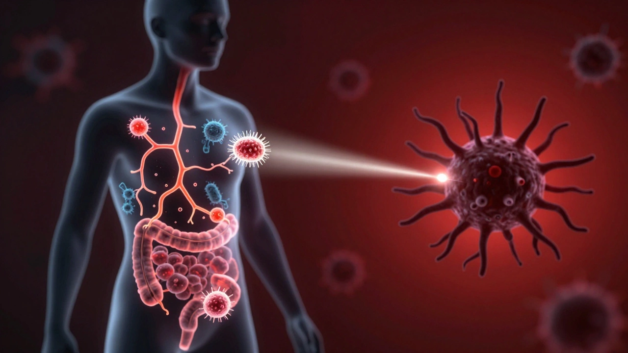 Human silhouette with targeted antibiotic beam killing one bacterium while resistant superbugs remain.