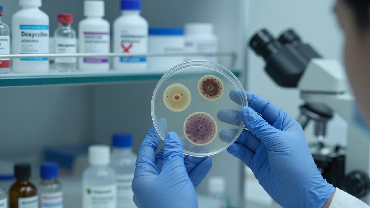 Lab technician examining bacterial colonies under a microscope with antibiotic vials in the background.
