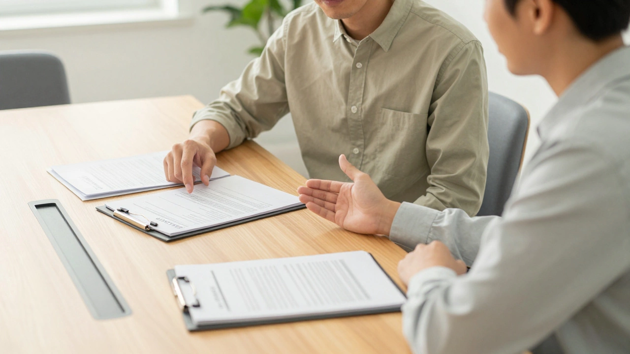Patient consulting with financial counselor in office.