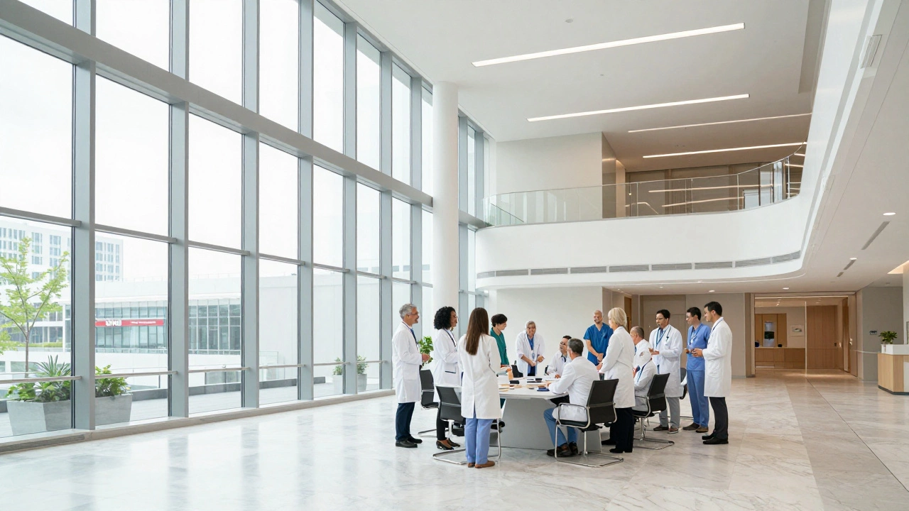 Team of specialists meeting in modern hospital atrium.