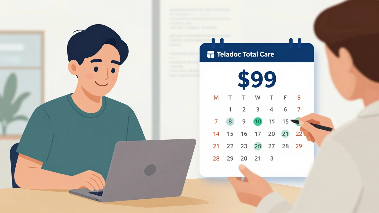 Two individuals comparing free telehealth access through work versus paying  monthly for unlimited medical and mental health visits.