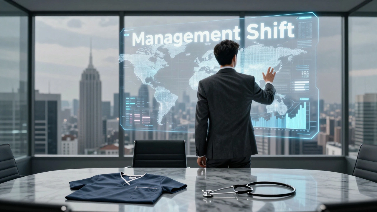 A businessman in a suit looking at growth charts with a stethoscope left on the table.