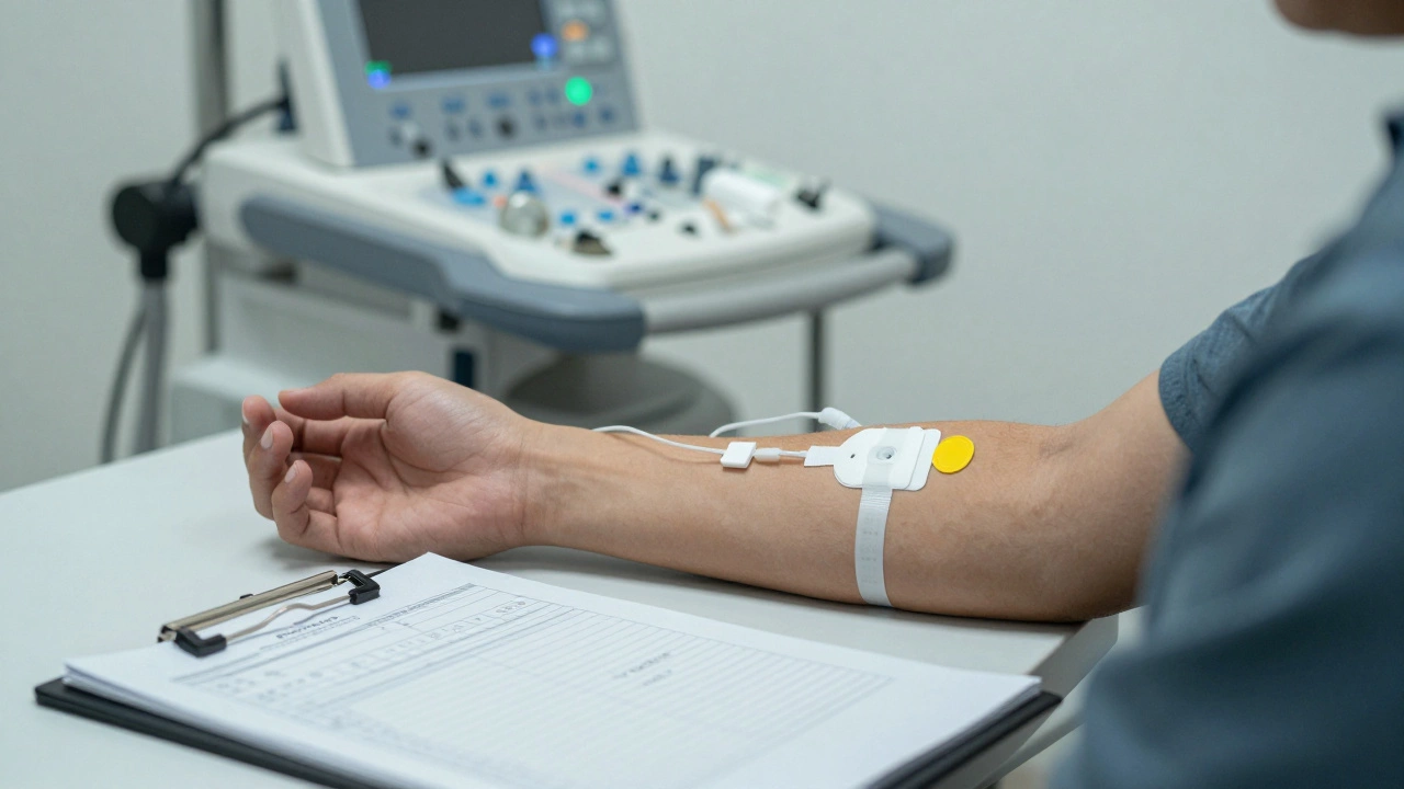 A close-up of a clinical trial participant with medical sensors and data charts.