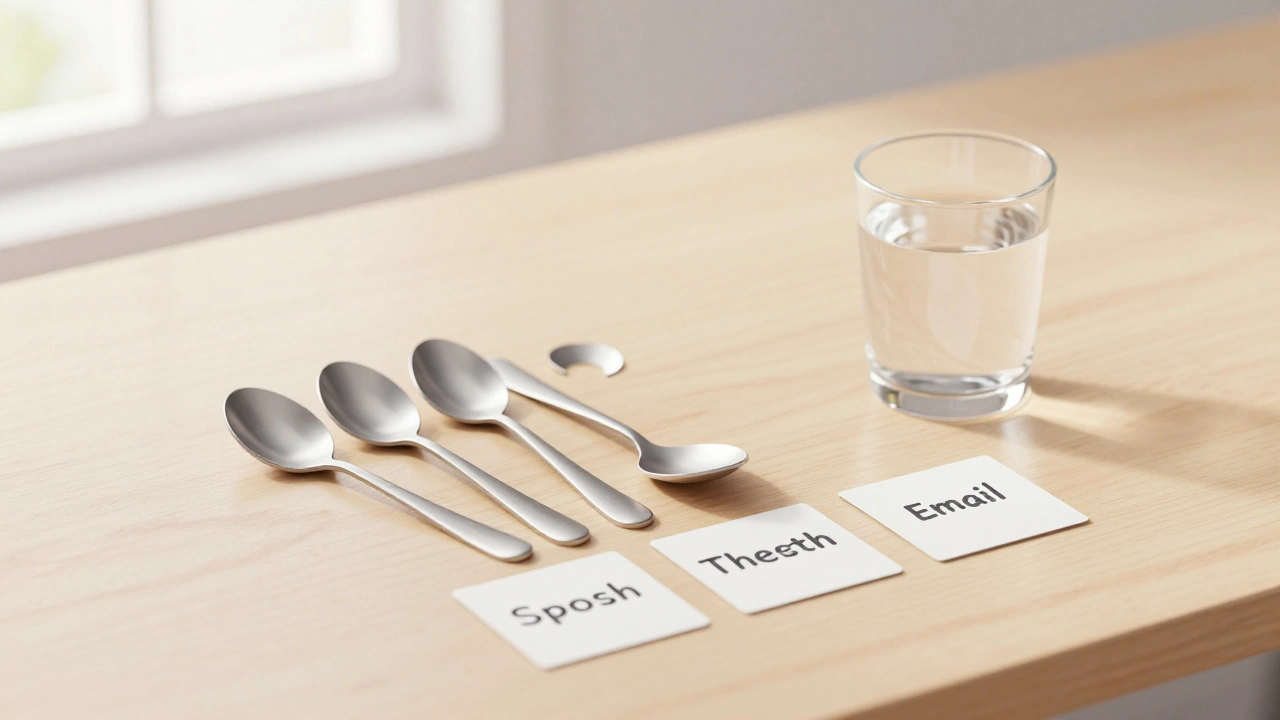 A collection of silver spoons on a table representing energy units and daily pacing.