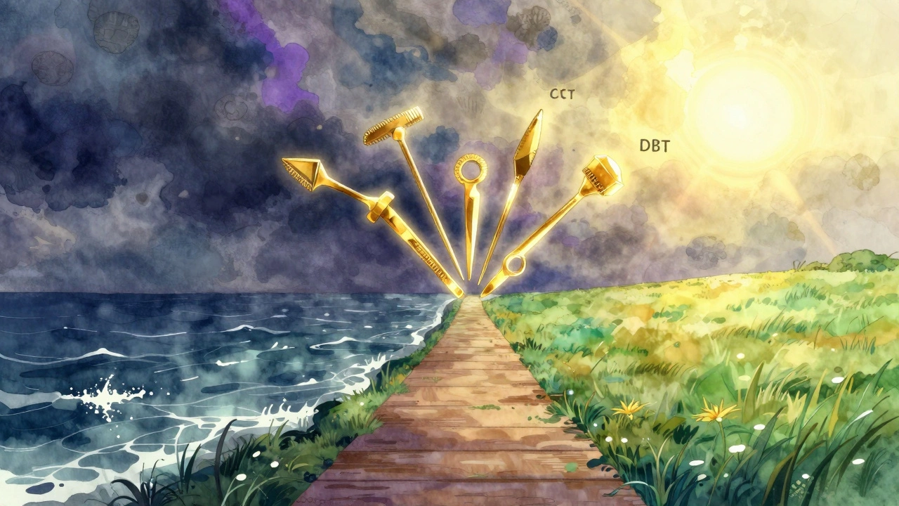 A conceptual bridge of light leading from a stormy sea to a sunny, peaceful meadow.