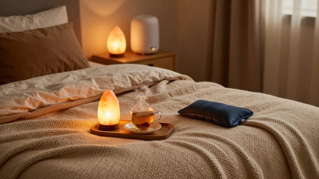 A cozy bedroom sanctuary with a weighted blanket, heating pad, and warm ambient lighting.