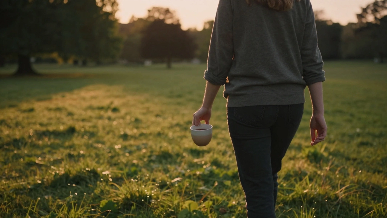 A person walking peacefully through a sunlit park with a cup of tea after a session.