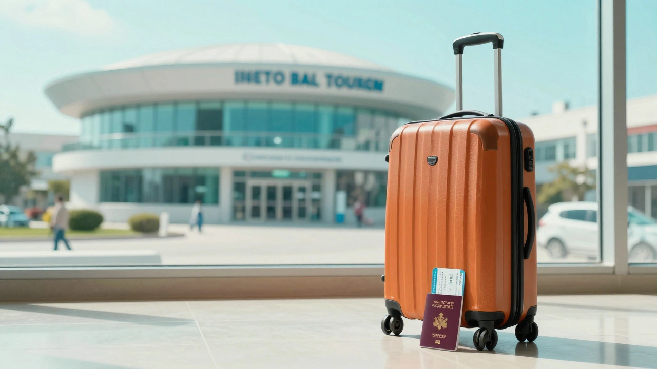 A suitcase and passport next to a window overlooking a modern international medical clinic.