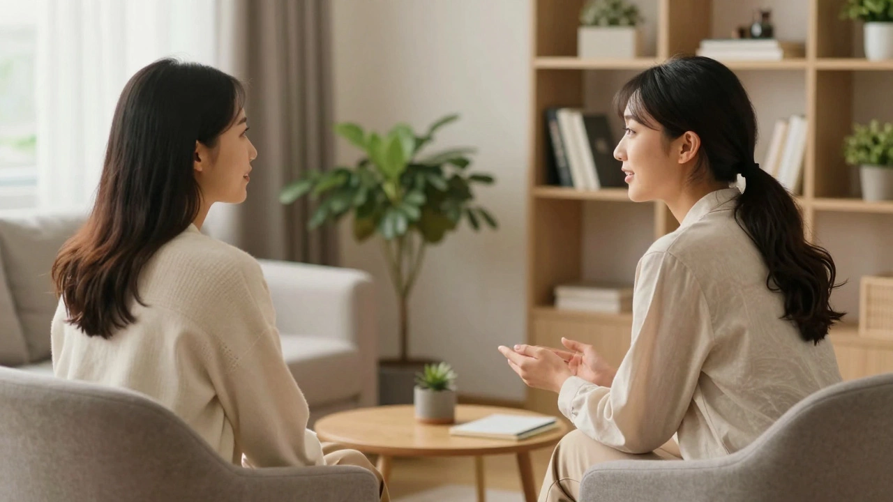 A therapist and client engaged in a supportive conversation in a cozy, modern office.