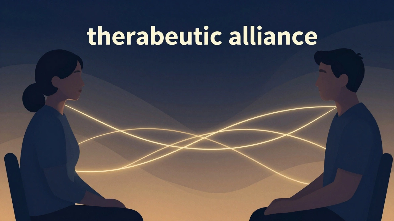 Abstract illustration of two people connecting through a glowing golden thread of trust.