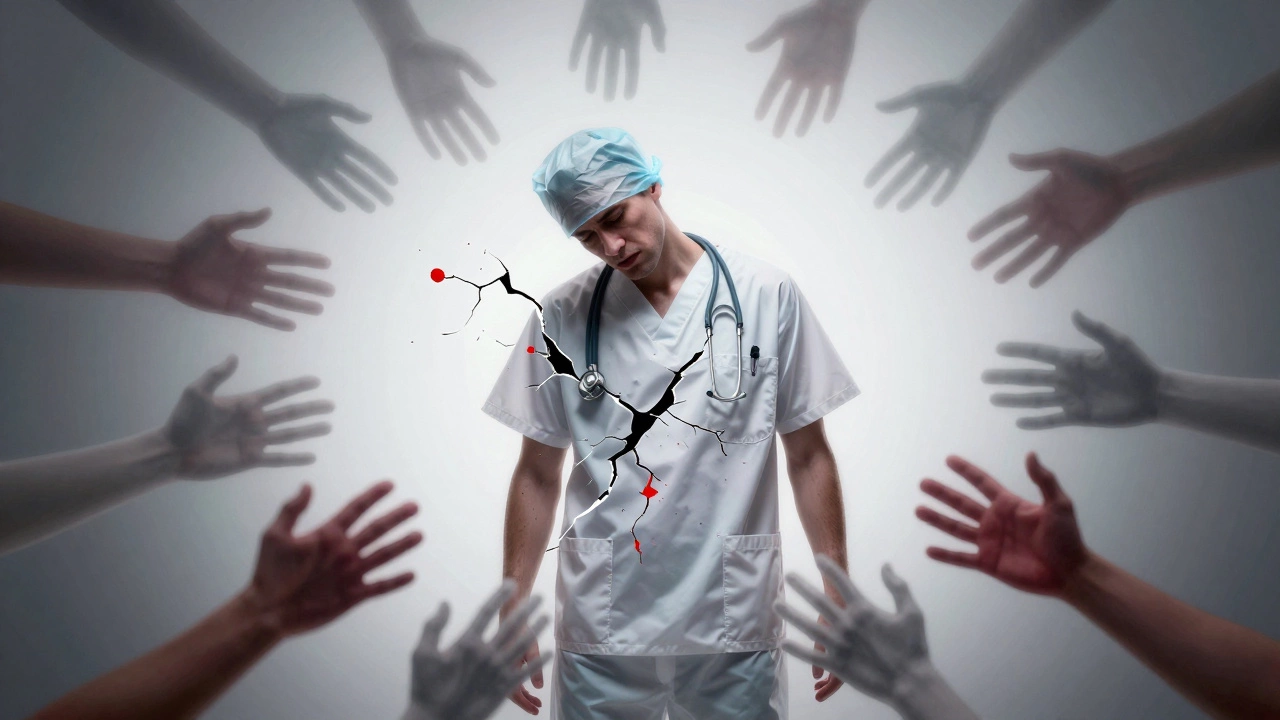 An exhausted doctor fragmented by the pressure of overwhelming patient demand.